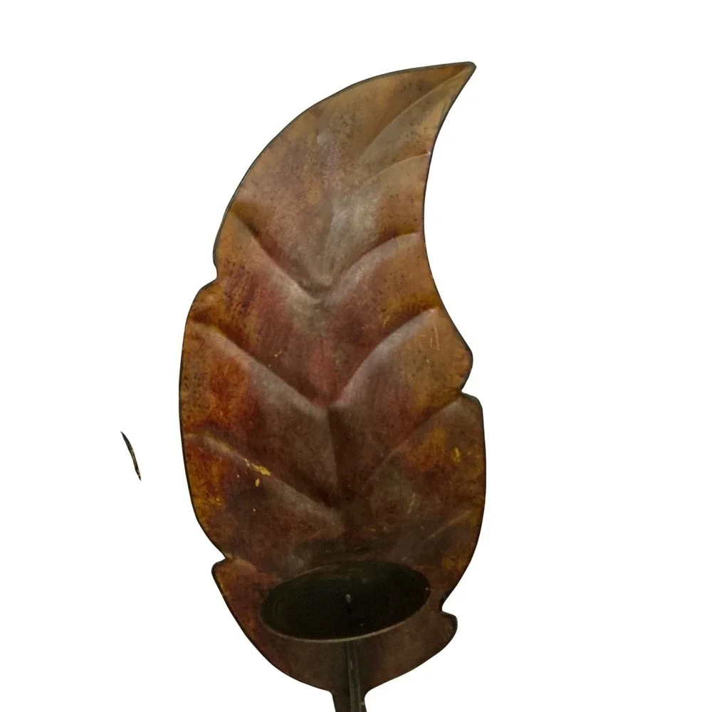 Vintage Metal Leaf Wall Sconces Set of 2 Copper Rust Finish Candle Holders 12in
